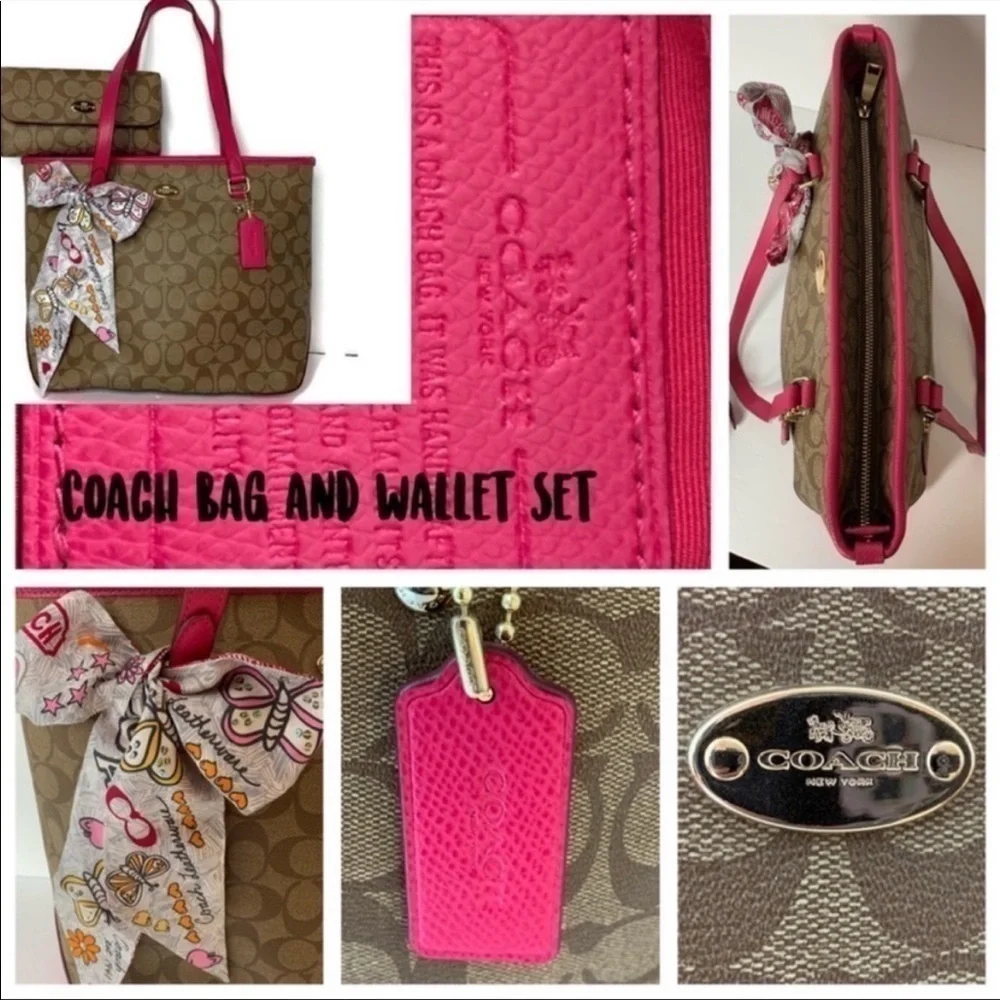 Coach Khaki Brown Pink Signature C Tote Bag Wallet Check Scarf Set 34603 Barbie